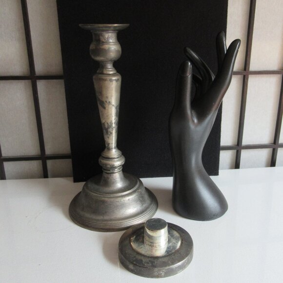 Art Deco Candle Holder, Pillar, Taper, Silver plated, Zinc, Distressed, Vintage - Picture 5 of 14